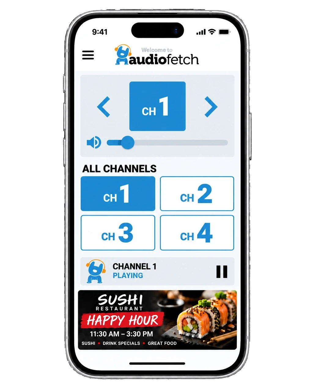 AudioFetch app showing sushi specials on a phone